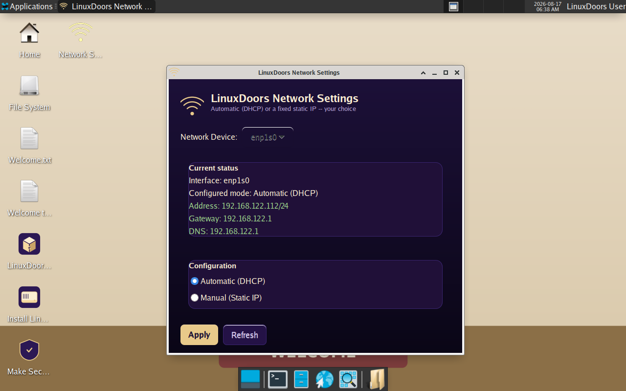 LinuxDoors Network Settings showing live DHCP status